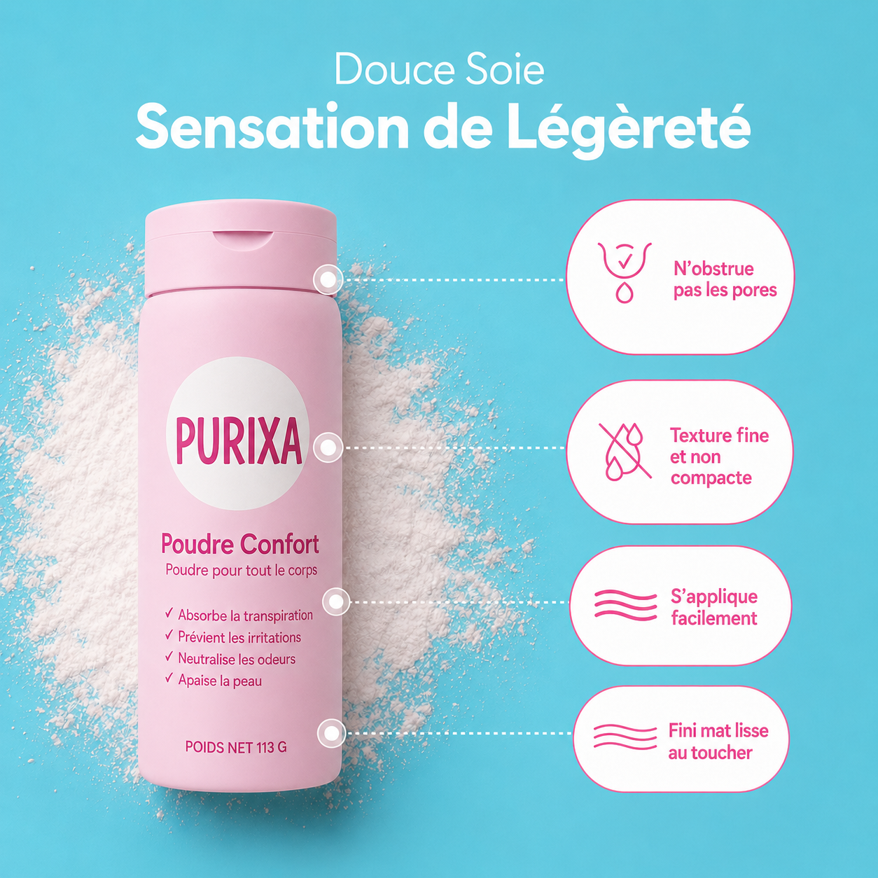 Poudre Confort Sans Talc Purixa - Anti-Frottement & Anti-Transpiration